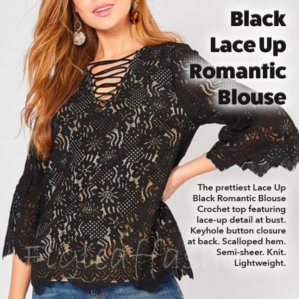 Black Lace Up Romantic Blouse
